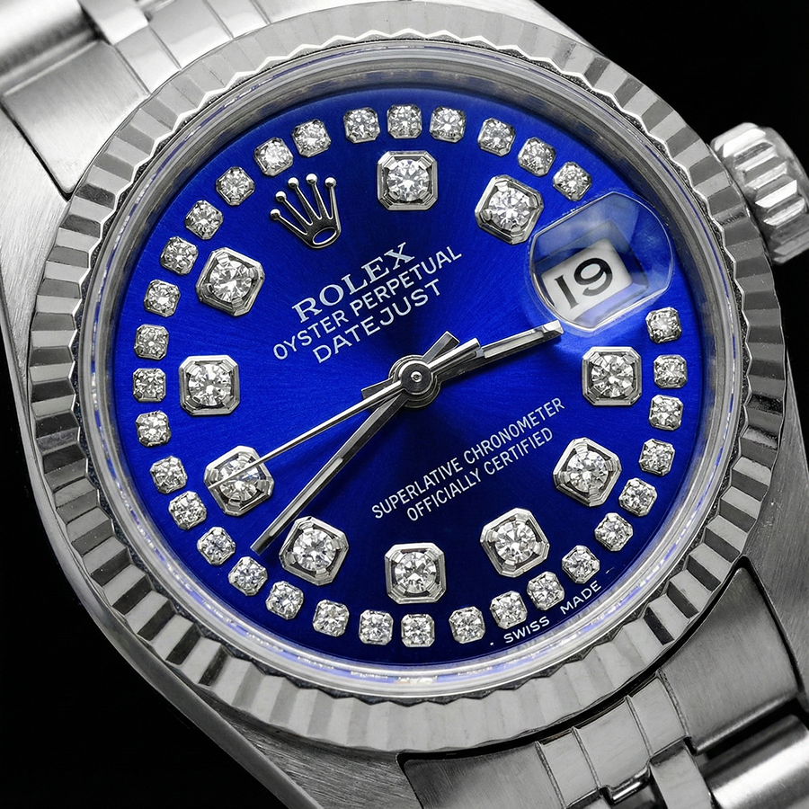 Rolex Blau Zweireihig Diamant Zifferblatt Edelstahl Jubilee Datejust Uhr