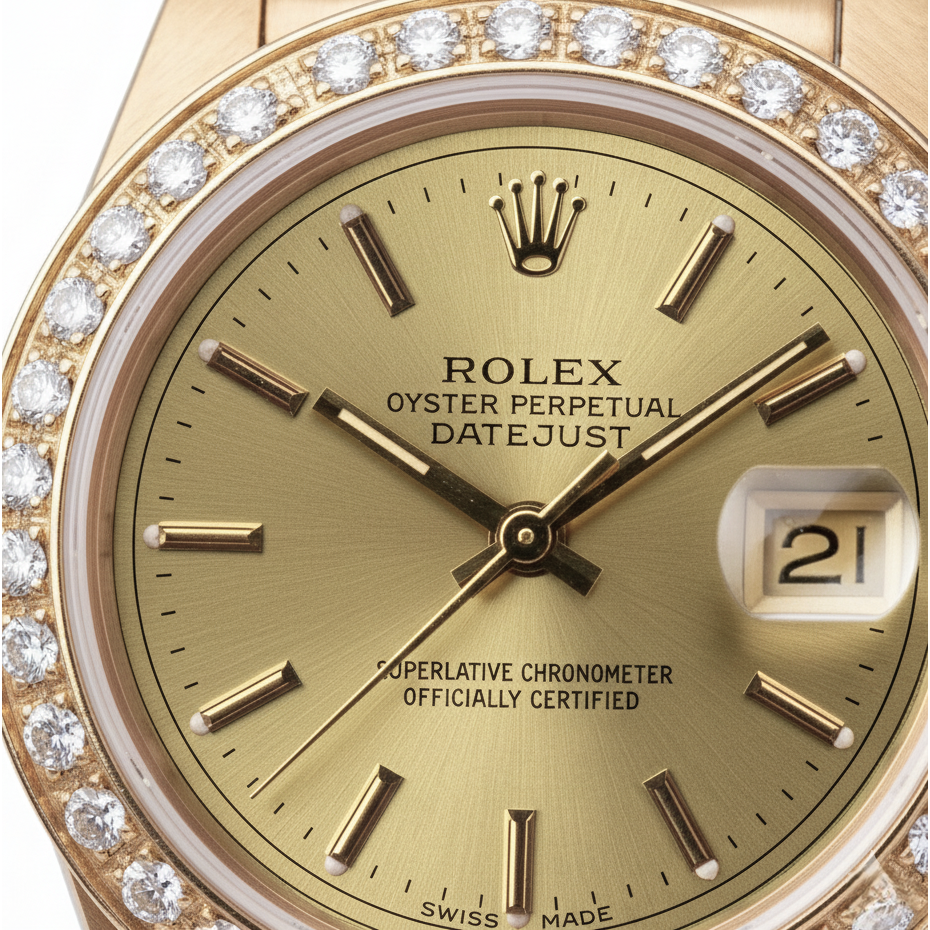 Rolex Champagner Stick Zifferblatt Präsidentin Betrachten Datejust Diamant Lünette Gelbgold