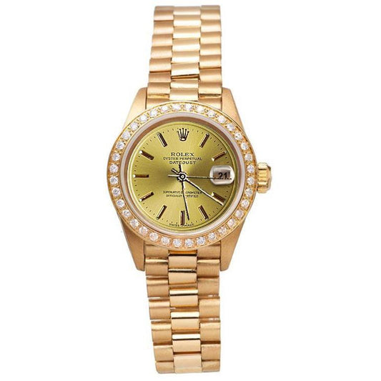 Rolex Champagner Stick Zifferblatt Präsidentin Betrachten Datejust Diamant Lünette Gelbgold
