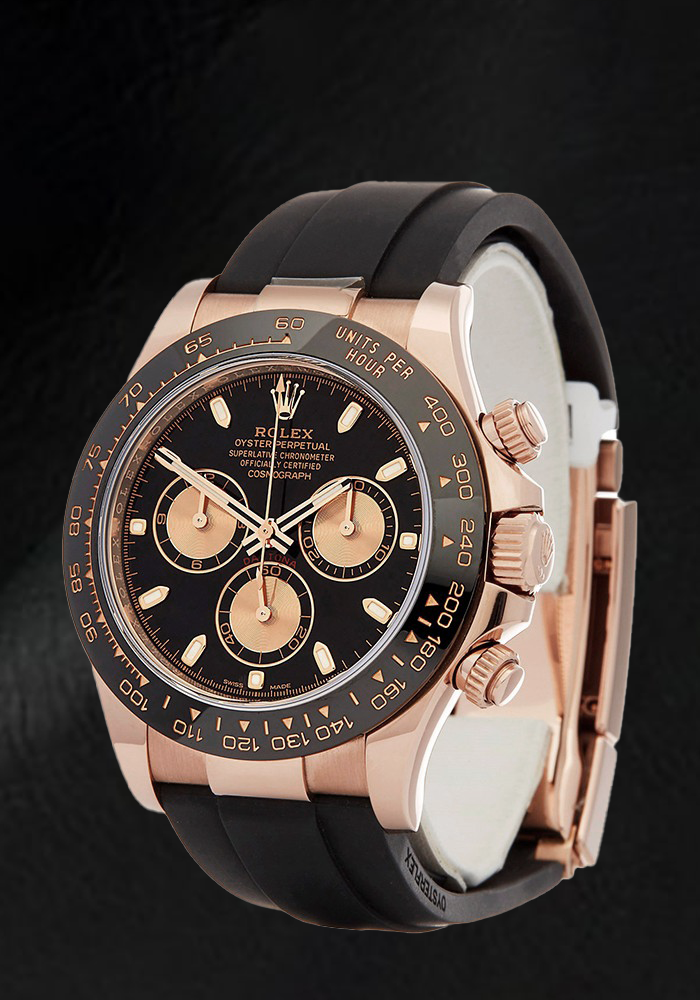 Rolex Cosmograph Daytona 116515LN 40 mm Uhr mit schwarzem Zifferblatt mit leuchtenden Stabindizes und schwarzem Oysterflex-Armband