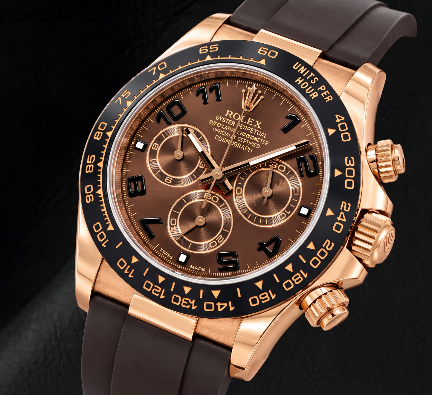 Rolex Cosmograph Daytona 116515LN 40 mm Uhr mit schokobraunem Zifferblatt mit arabischen Ziffern und braunem Kautschukarmband
