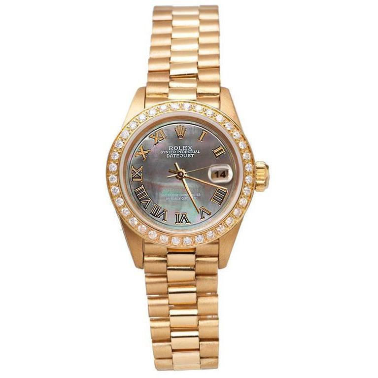 Rolex Dame Betrachten Mop im Präsidentenstil mit römischem Zifferblatt und Diamantlünette
