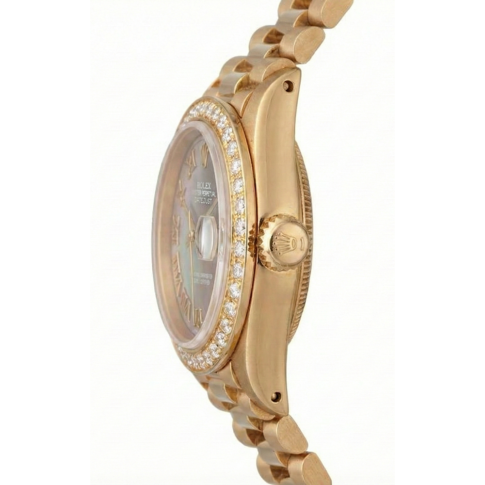 Rolex Dame Betrachten Mop im Präsidentenstil mit römischem Zifferblatt und Diamantlünette