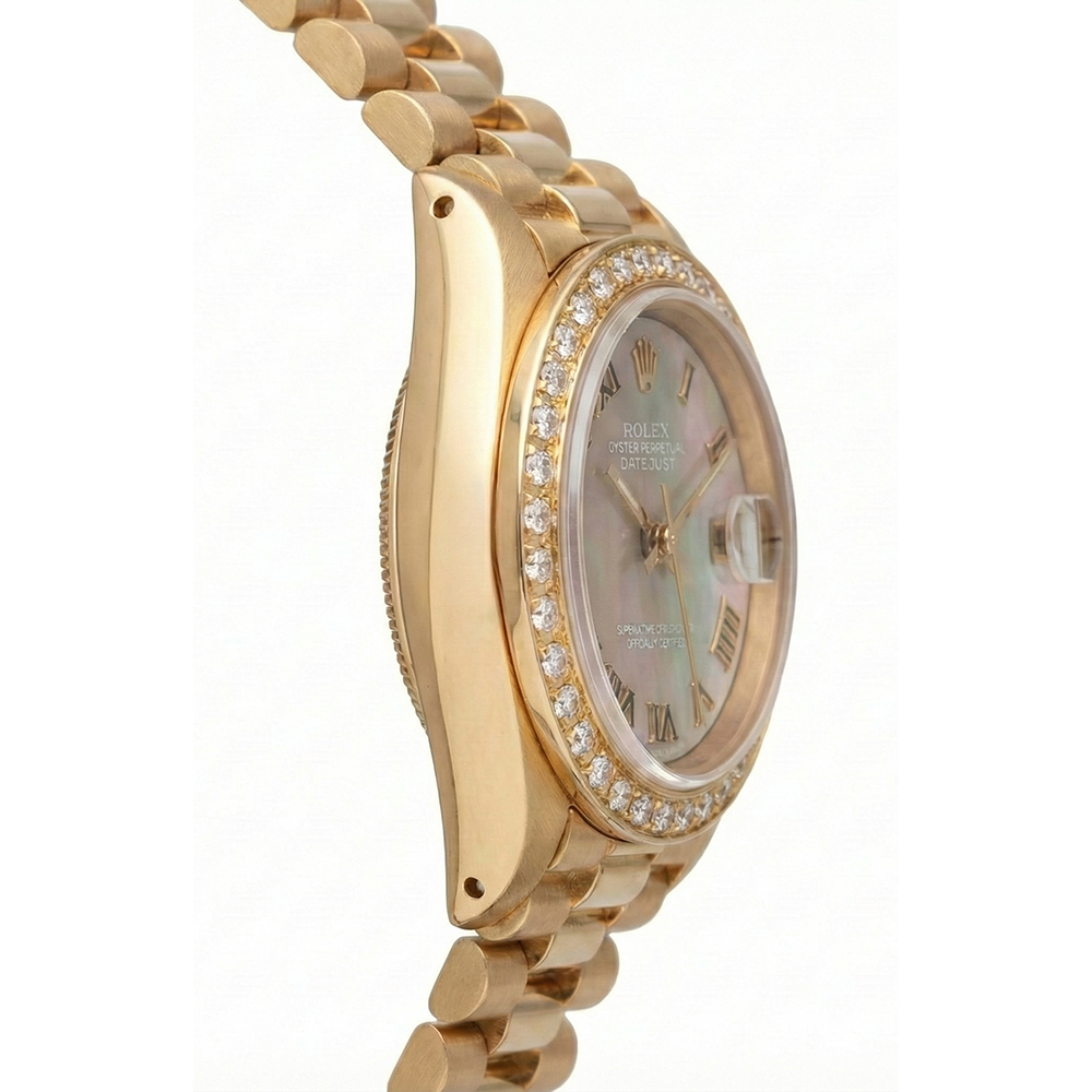 Rolex Dame Betrachten Mop im Präsidentenstil mit römischem Zifferblatt und Diamantlünette