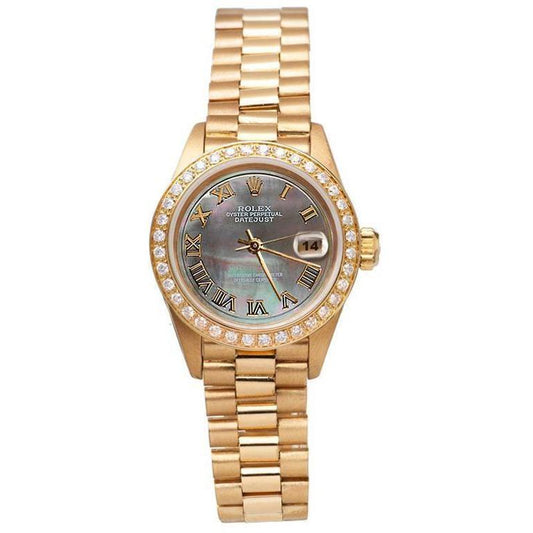 Rolex Dame Betrachten Mop im Präsidentenstil mit römischem Zifferblatt und Diamantlünette
