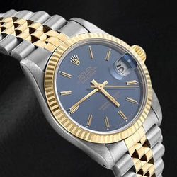 Rolex Dame Datejust 18K Gelbgold Stahl blaues Zifferblatt 31mm Uhr