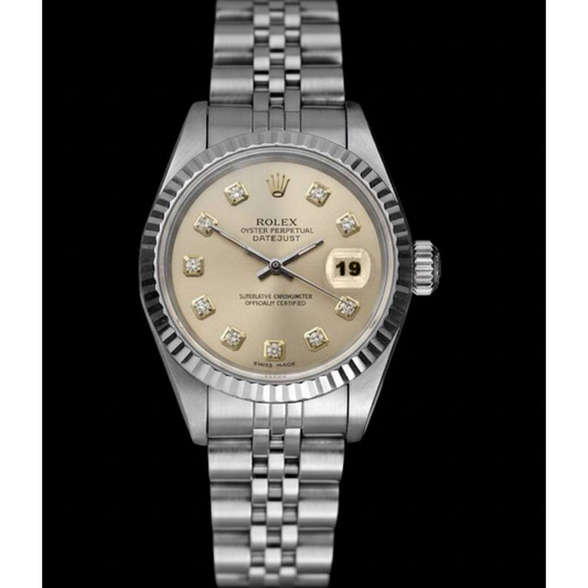 Rolex Dame Datejust Silberuhr Edelstahl Jubilee Armband geriffelte Lünette