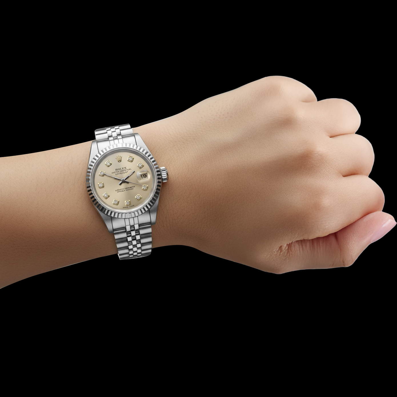 Rolex Dame Datejust Silberuhr Edelstahl Jubilee Armband geriffelte Lünette P5