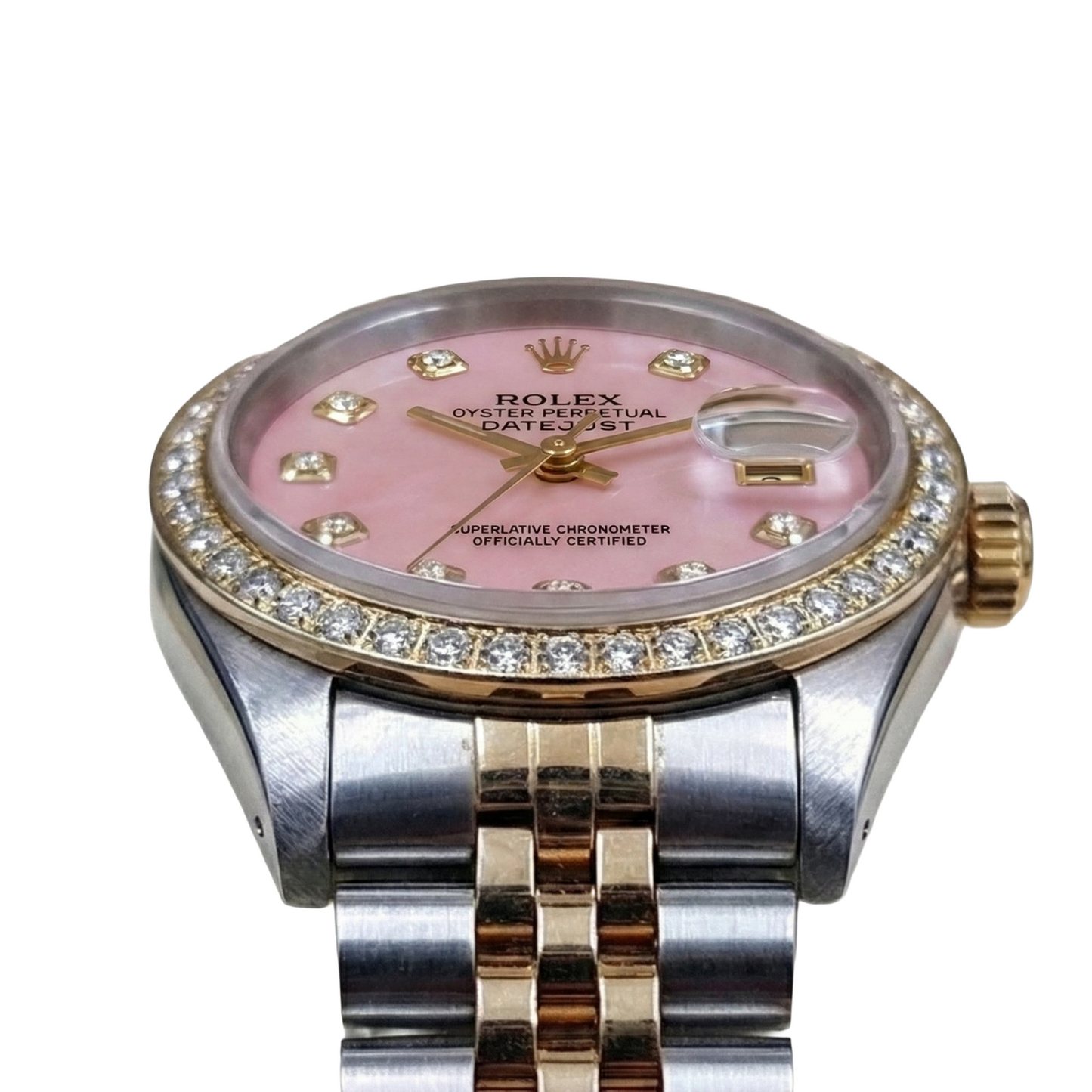 Rolex Damenuhr Aus 18K Gelbgold Mit Rosa Zifferblatt Und Diamanten
