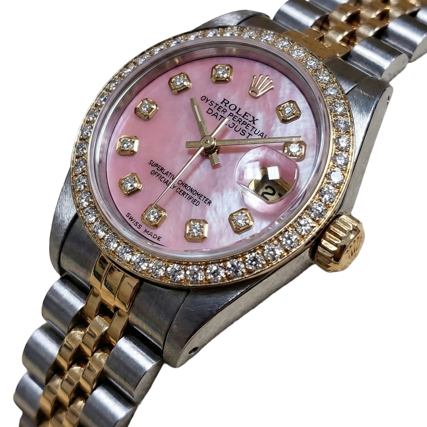 Rolex Damenuhr Aus 18K Gelbgold Mit Rosa Zifferblatt Und Diamanten