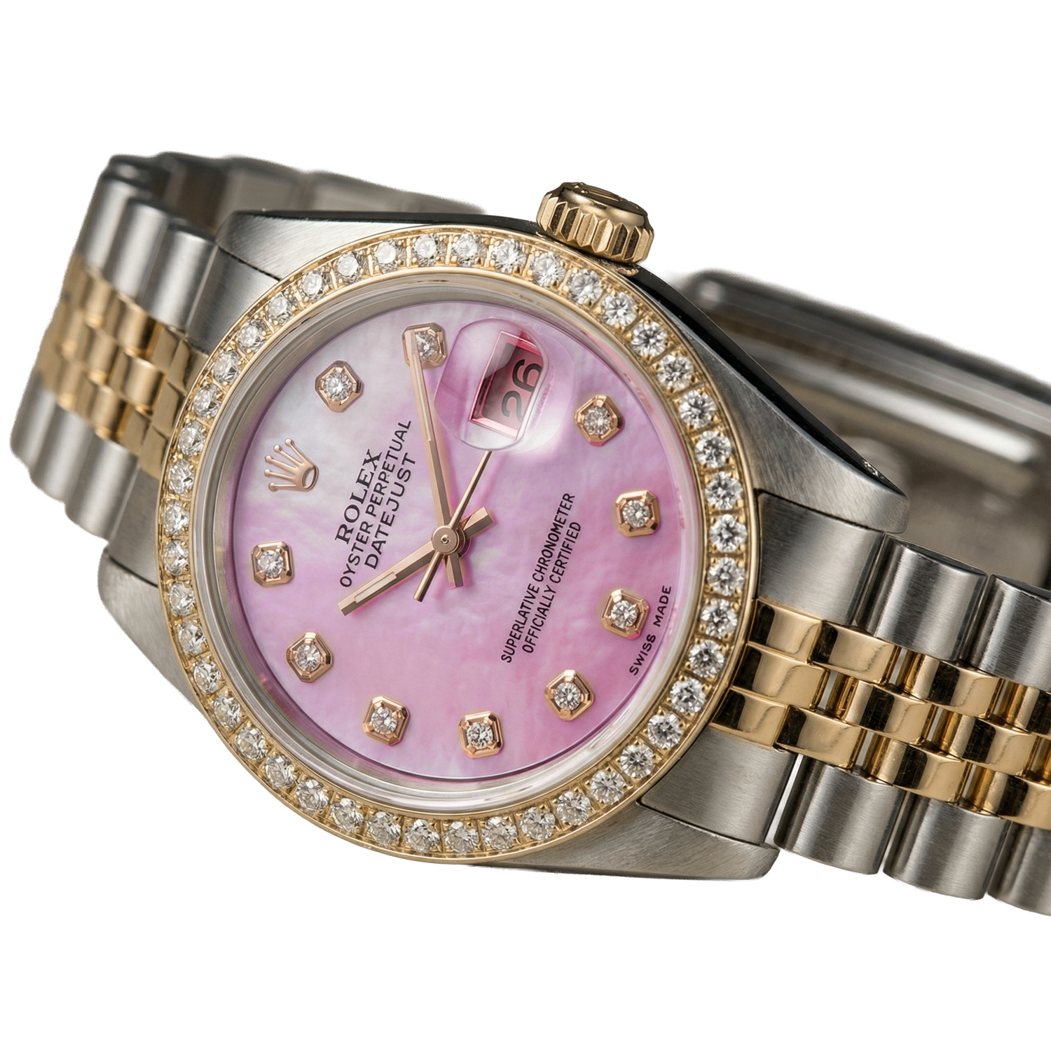 Rolex Damenuhr Aus 18K Gelbgold Mit Rosa Zifferblatt Und Diamanten