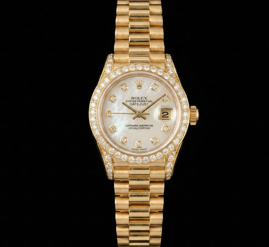 Rolex Damenuhr im President-Stil, Gelbgold, Diamant-Mop-Zifferblatt