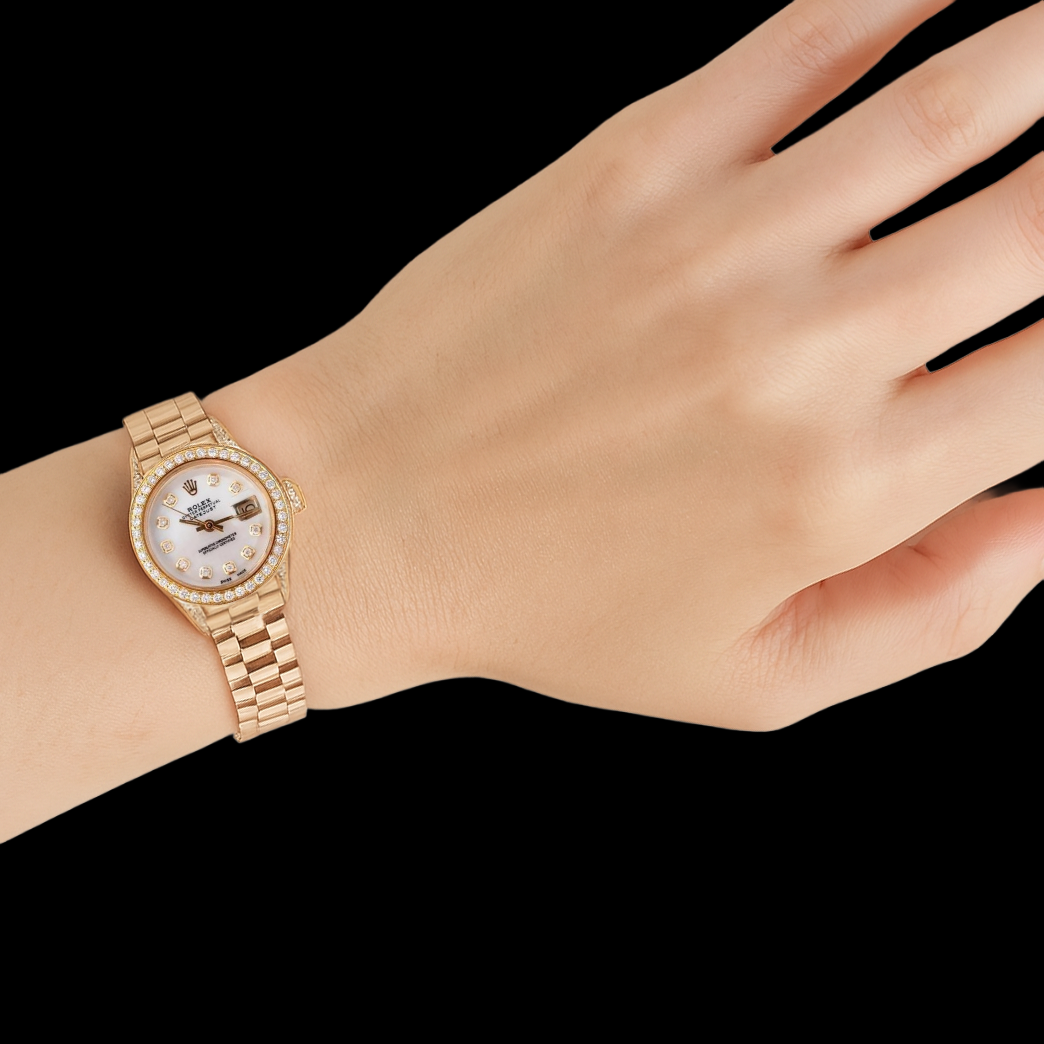 Rolex Damenuhr im President-Stil, Gelbgold, Diamant-Mop-Zifferblatt