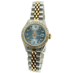 Rolex Damenuhr mit blauem Diamant-Zifferblatt und Lünette, nur Edelstahl und Gold