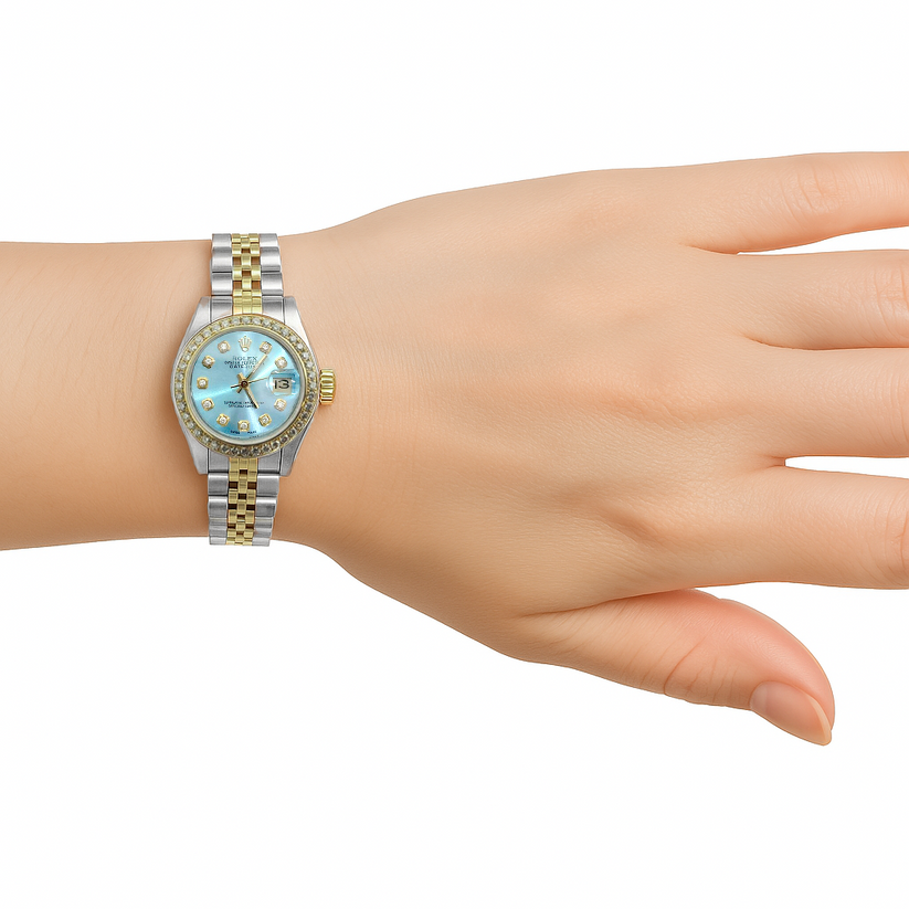 Rolex Damenuhr mit blauem Diamant-Zifferblatt und Lünette, nur Edelstahl und Gold