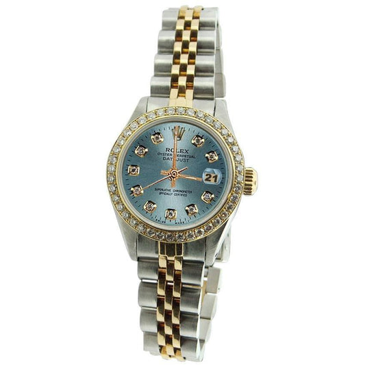 Rolex Damenuhr mit blauem Diamant-Zifferblatt und Lünette, nur Edelstahl und Gold