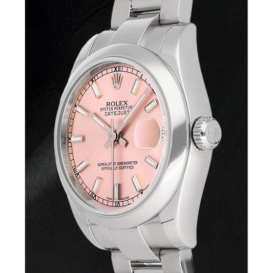 Rolex Date-Just Damenuhr mit rosafarbenem Leuchtzifferblatt, 31 mm