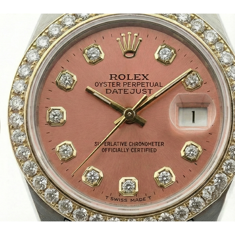 Rolex Date-Just für Damen, mit lachsfarbenem Zifferblatt und Diamantlünette
