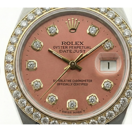 Rolex Date-Just für Damen, mit lachsfarbenem Zifferblatt und Diamantlünette