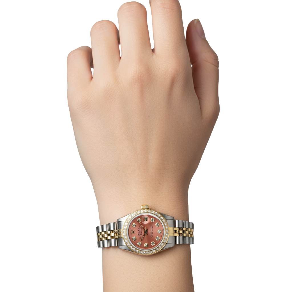 Rolex Date-Just für Damen, mit lachsfarbenem Zifferblatt und Diamantlünette P2