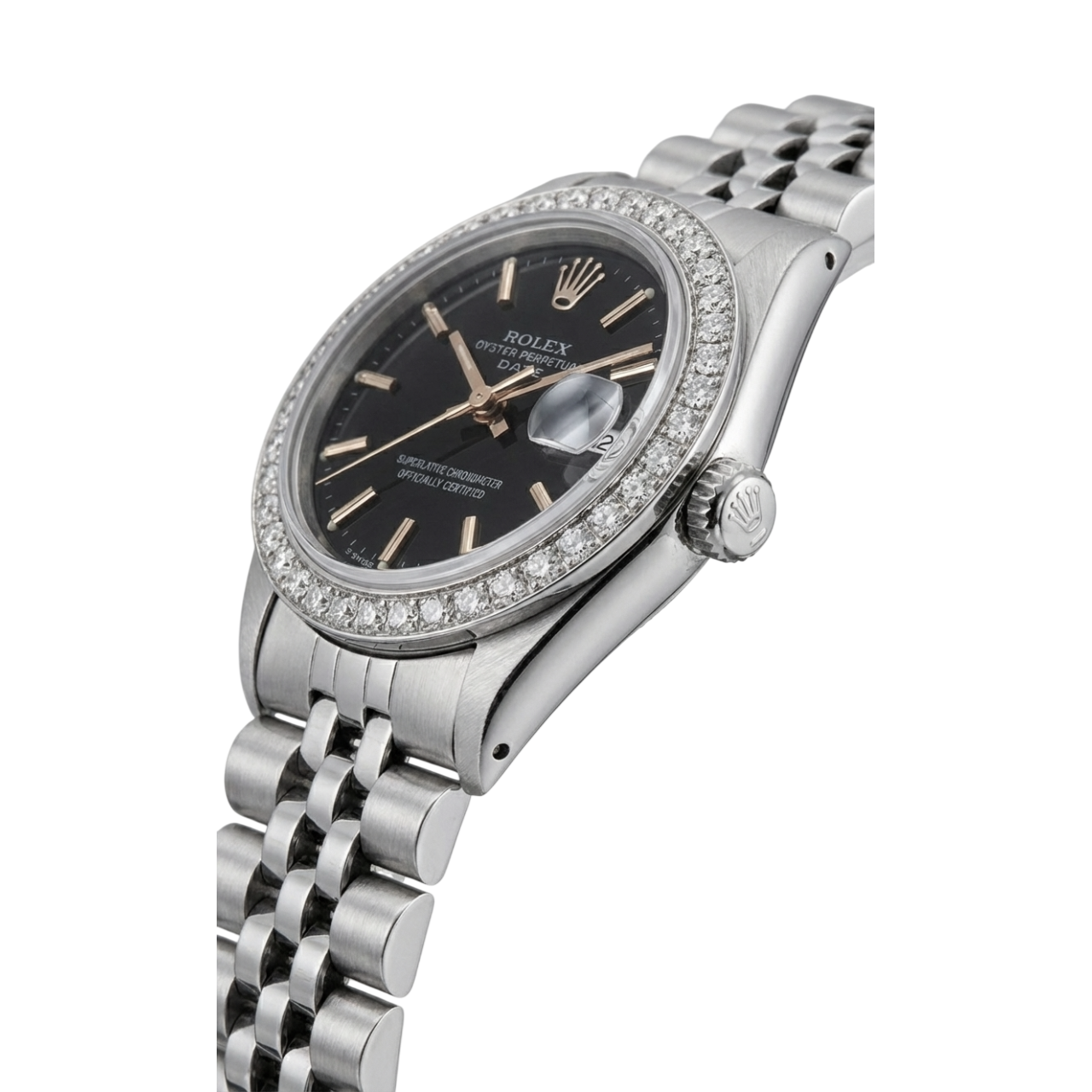 Rolex Date-Uhr aus Edelstahl, Jubiläum-Lünette mit schwarzem Stock-Zifferblatt