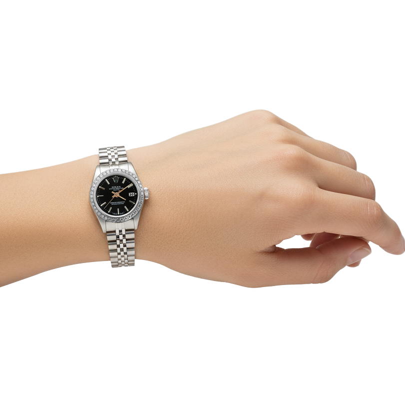 Rolex Date-Uhr aus Edelstahl, Jubiläum-Lünette mit schwarzem Stock-Zifferblatt P2