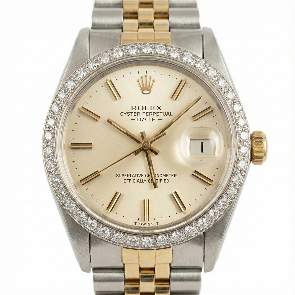 Rolex Date-Uhr, silbernes Stick-Zifferblatt, Diamant-Lünette, Edelstahl und goldenes Jubiläum