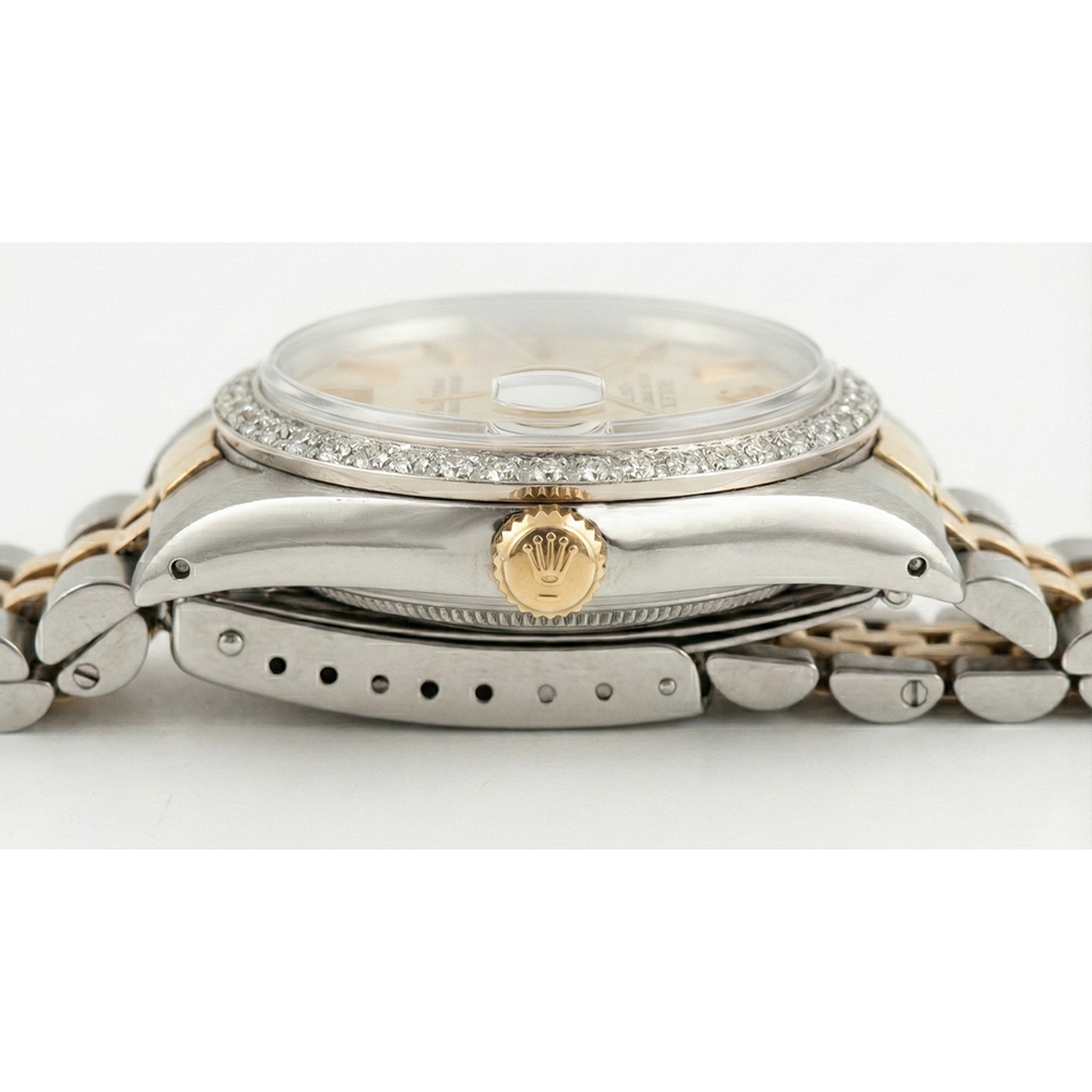 Rolex Date-Uhr, silbernes Stick-Zifferblatt, Diamant-Lünette, Edelstahl und goldenes Jubiläum