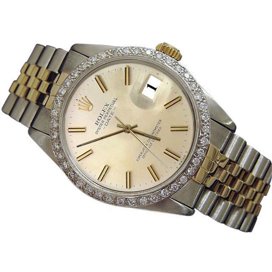 Rolex Date-Uhr, silbernes Stick-Zifferblatt, Diamant-Lünette, Edelstahl und goldenes Jubiläum