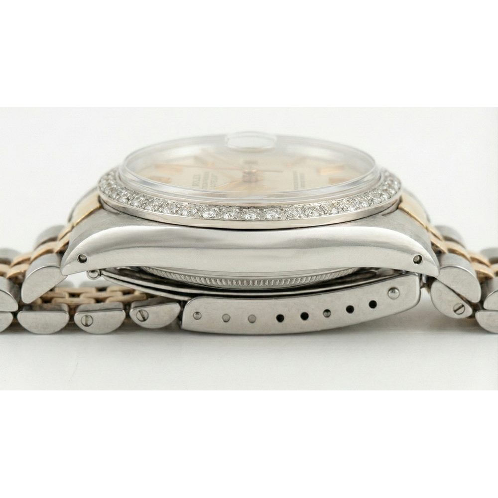 Rolex Date-Uhr, silbernes Stick-Zifferblatt, Diamant-Lünette, Edelstahl und goldenes Jubiläum