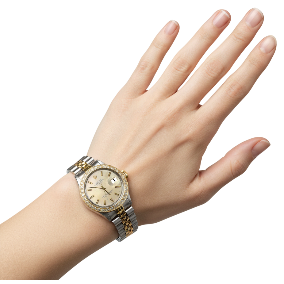 Rolex Date-Uhr, silbernes Stick-Zifferblatt, Diamant-Lünette, Edelstahl und goldenes Jubiläum