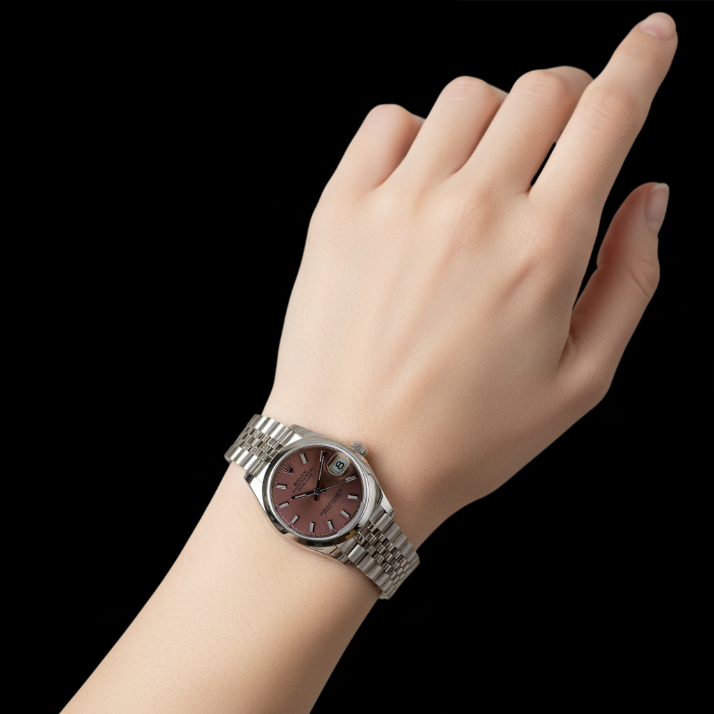 Rolex Date-just 31 mm lachsfarbene Damenuhr mit leuchtendem Zifferblatt aus Stahl P4