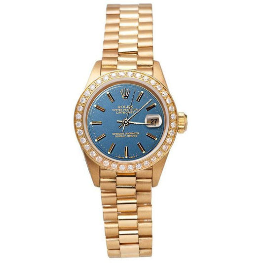 Rolex DateJust-Uhr mit blauem Stick-Zifferblatt und goldener Präsidenten-Diamantlünette
