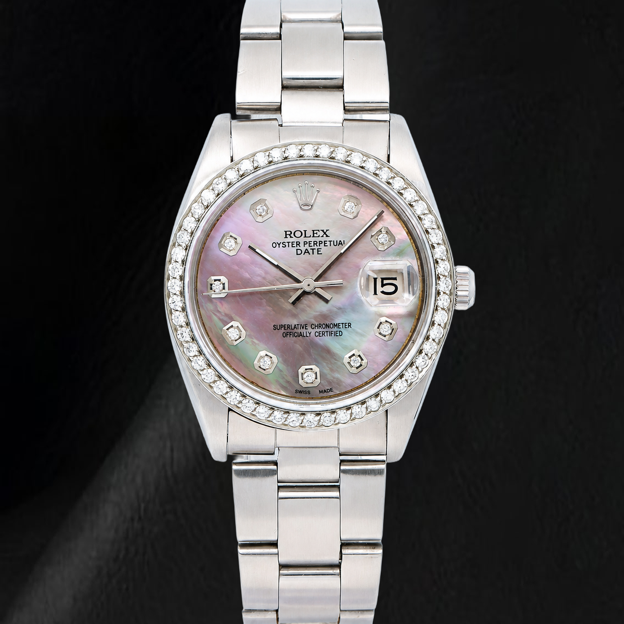 Rolex Date 1500 34 mm Bicolor-Uhr mit schwarzem Perlmutt-Diamantzifferblatt