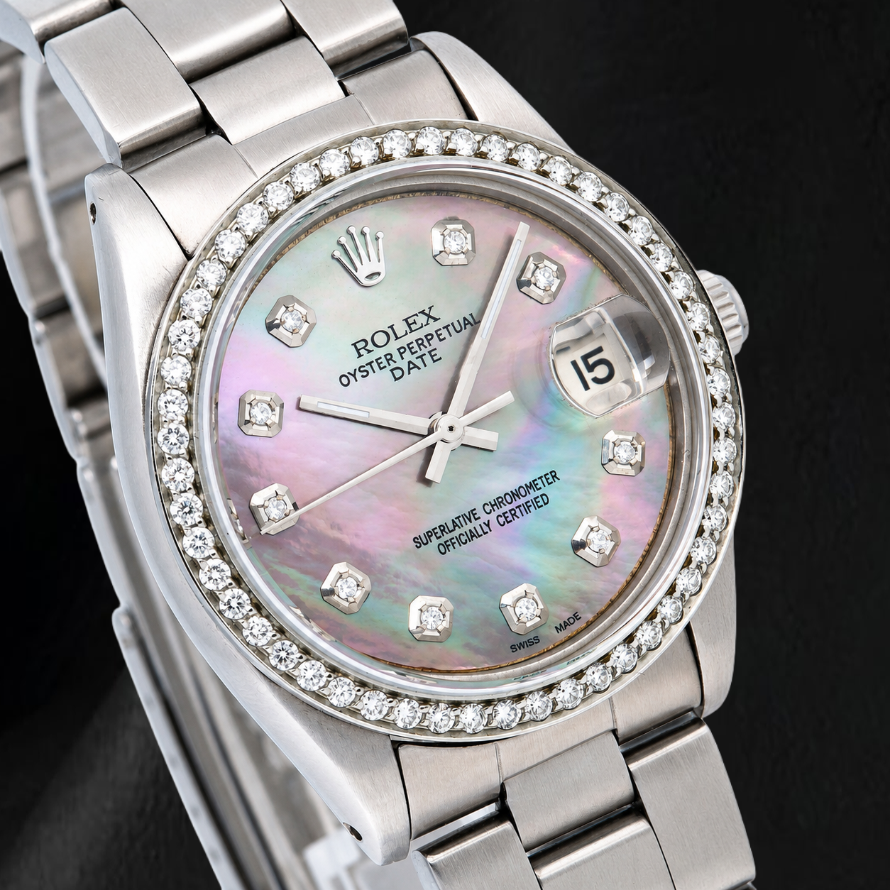 Rolex Date 1500 34 mm Bicolor-Uhr mit schwarzem Perlmutt-Diamantzifferblatt