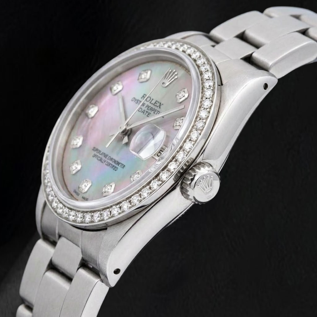Rolex Date 1500 34 mm Bicolor-Uhr mit schwarzem Perlmutt-Diamantzifferblatt