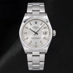 Rolex Date 1500 34 mm Edelstahluhr mit silbernem Zifferblatt mit Stabindizes