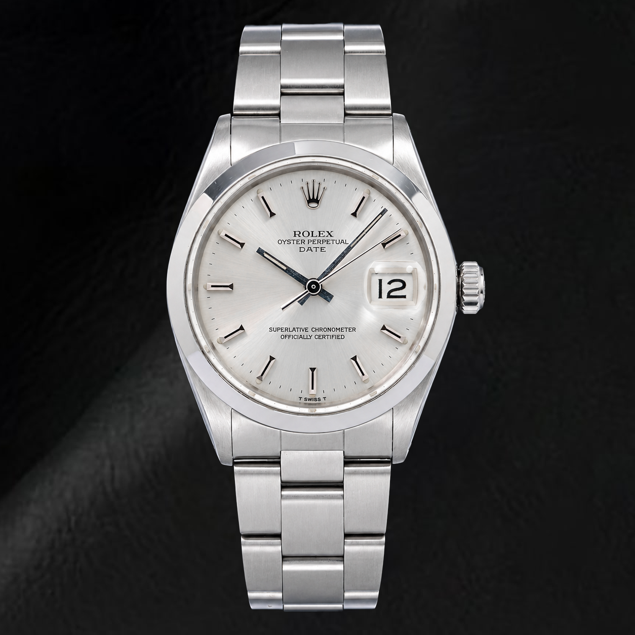 Rolex Date 1500 34 mm Edelstahluhr mit silbernem Zifferblatt mit Stabindizes