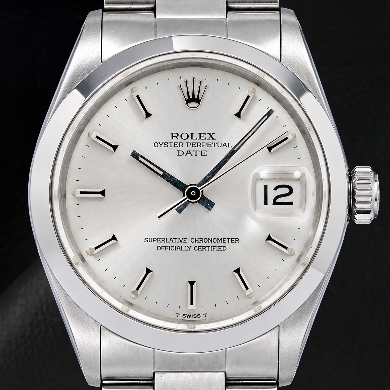 Rolex Date 1500 34 mm Edelstahluhr mit silbernem Zifferblatt mit Stabindizes