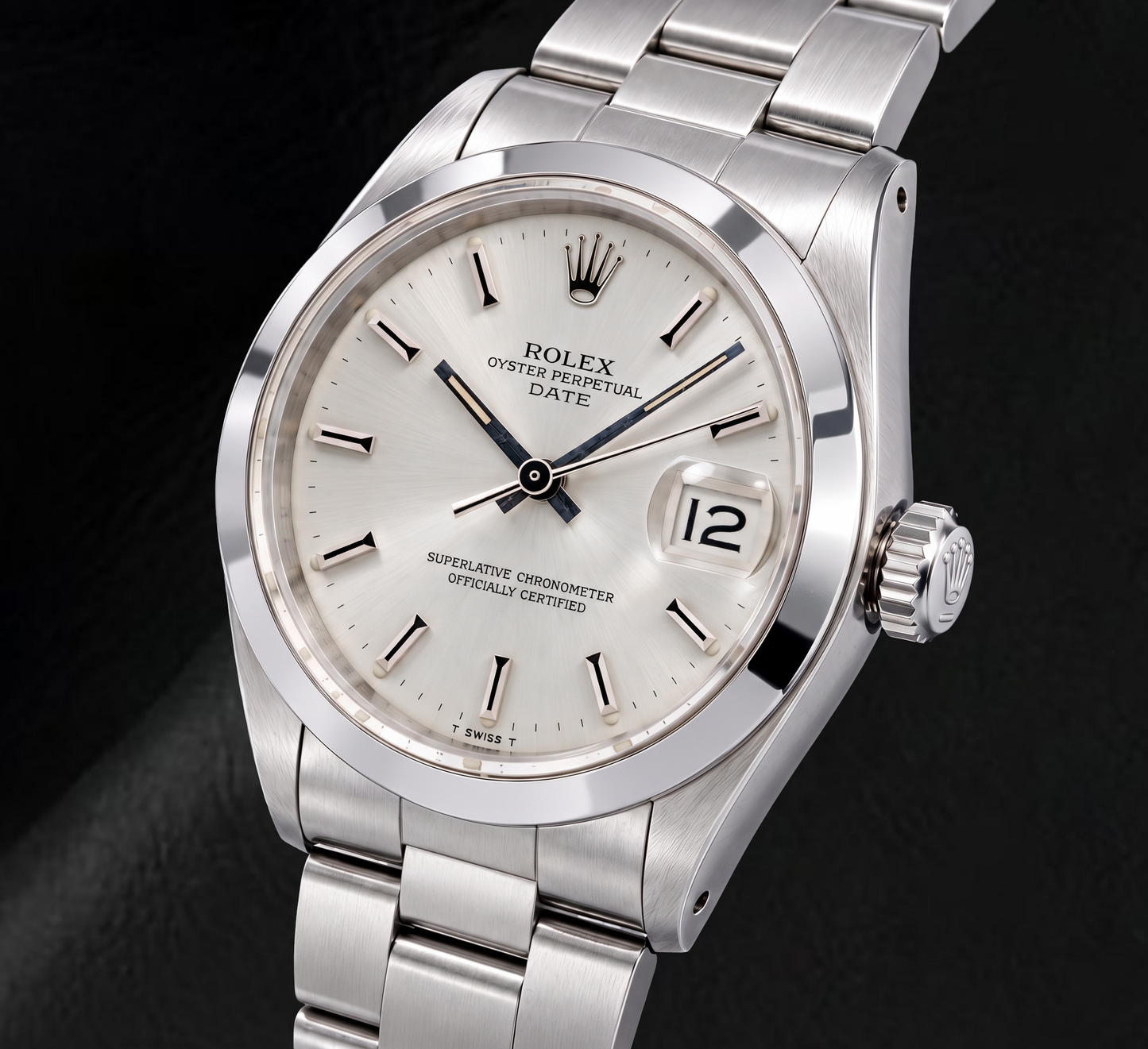 Rolex Date 1500 34 mm Edelstahluhr mit silbernem Zifferblatt mit Stabindizes