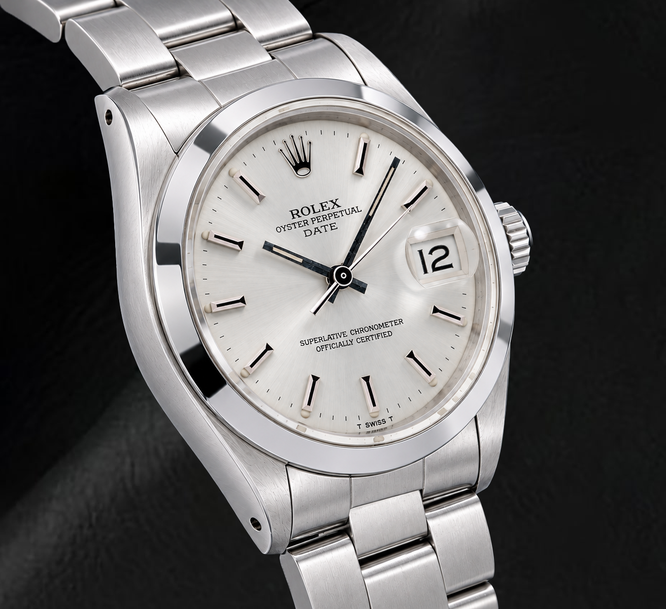 Rolex Date 1500 34 mm Edelstahluhr mit silbernem Zifferblatt mit Stabindizes