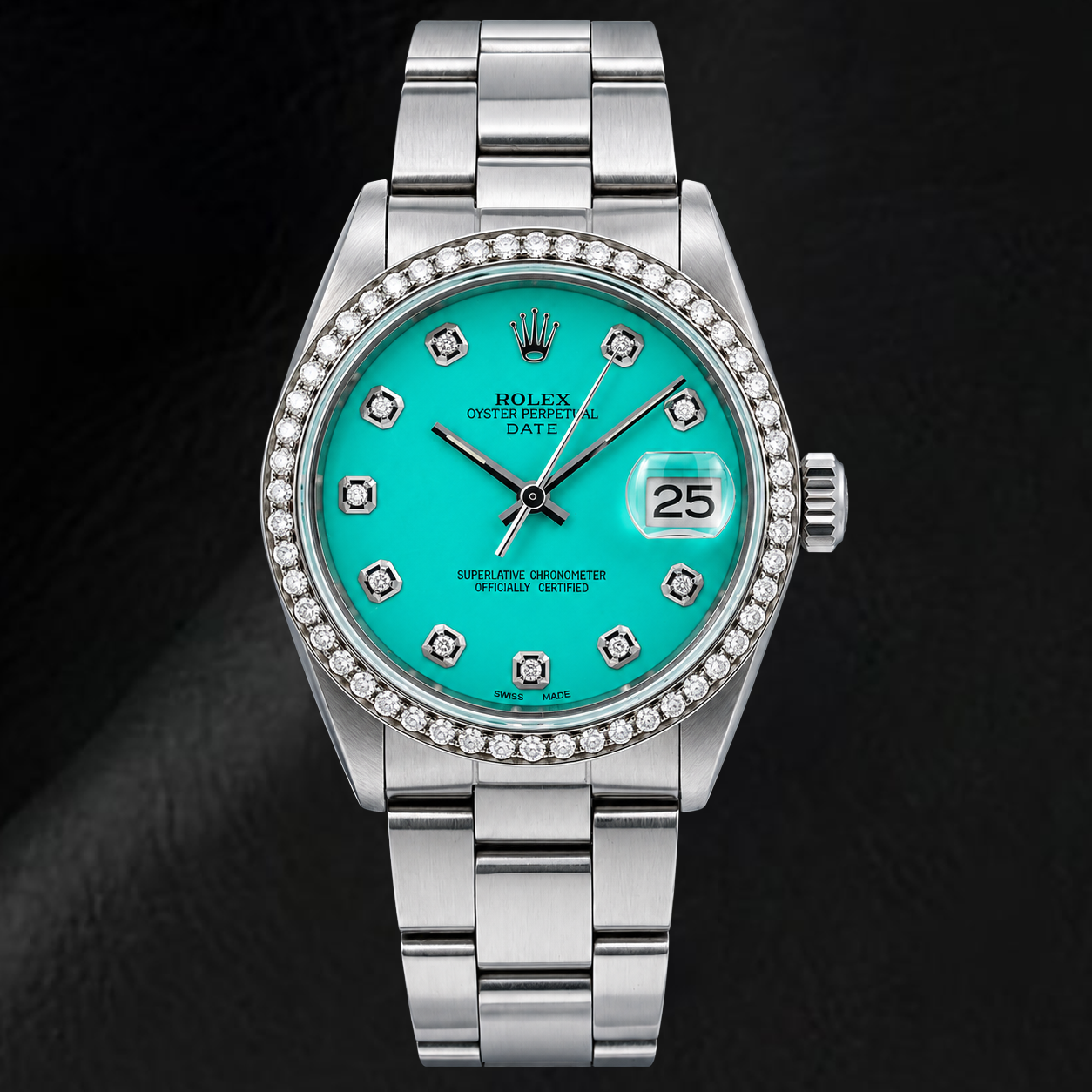 Rolex Date 1500 34 mm Armbanduhr aus Edelstahl mit türkisfarbenem Diamantzifferblatt
