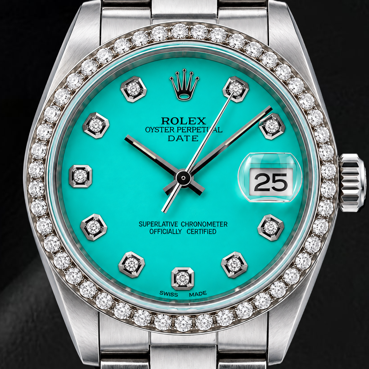 Rolex Date 1500 34 mm Armbanduhr aus Edelstahl mit türkisfarbenem Diamantzifferblatt