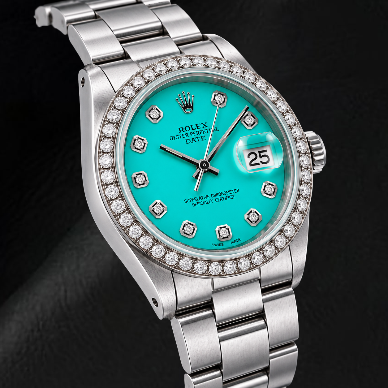 Rolex Date 1500 34 mm Armbanduhr aus Edelstahl mit türkisfarbenem Diamantzifferblatt
