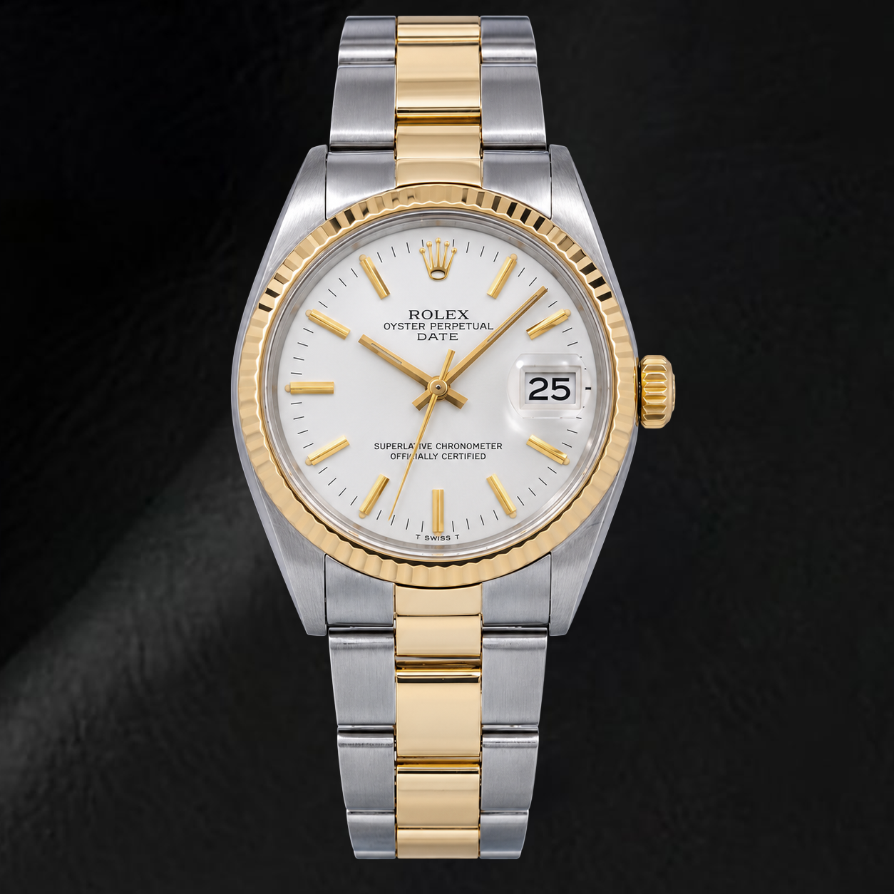 Rolex Date 1500 34 mm Bicolor-Uhr mit weißem Zifferblatt mit Stabindizes