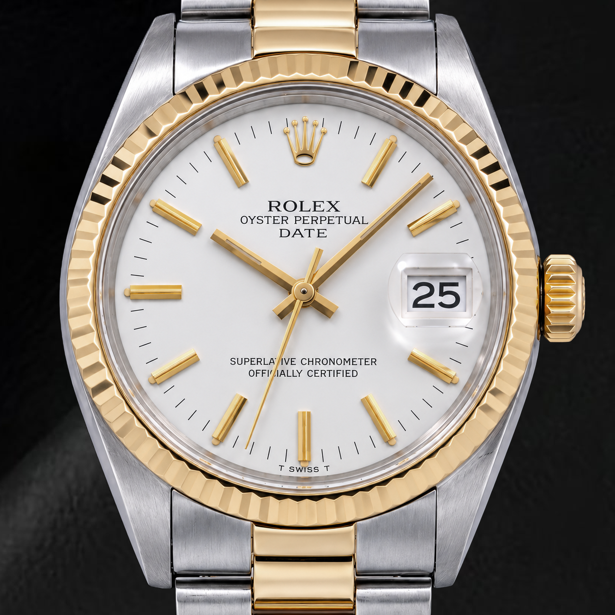 Rolex Date 1500 34 mm Bicolor-Uhr mit weißem Zifferblatt mit Stabindizes