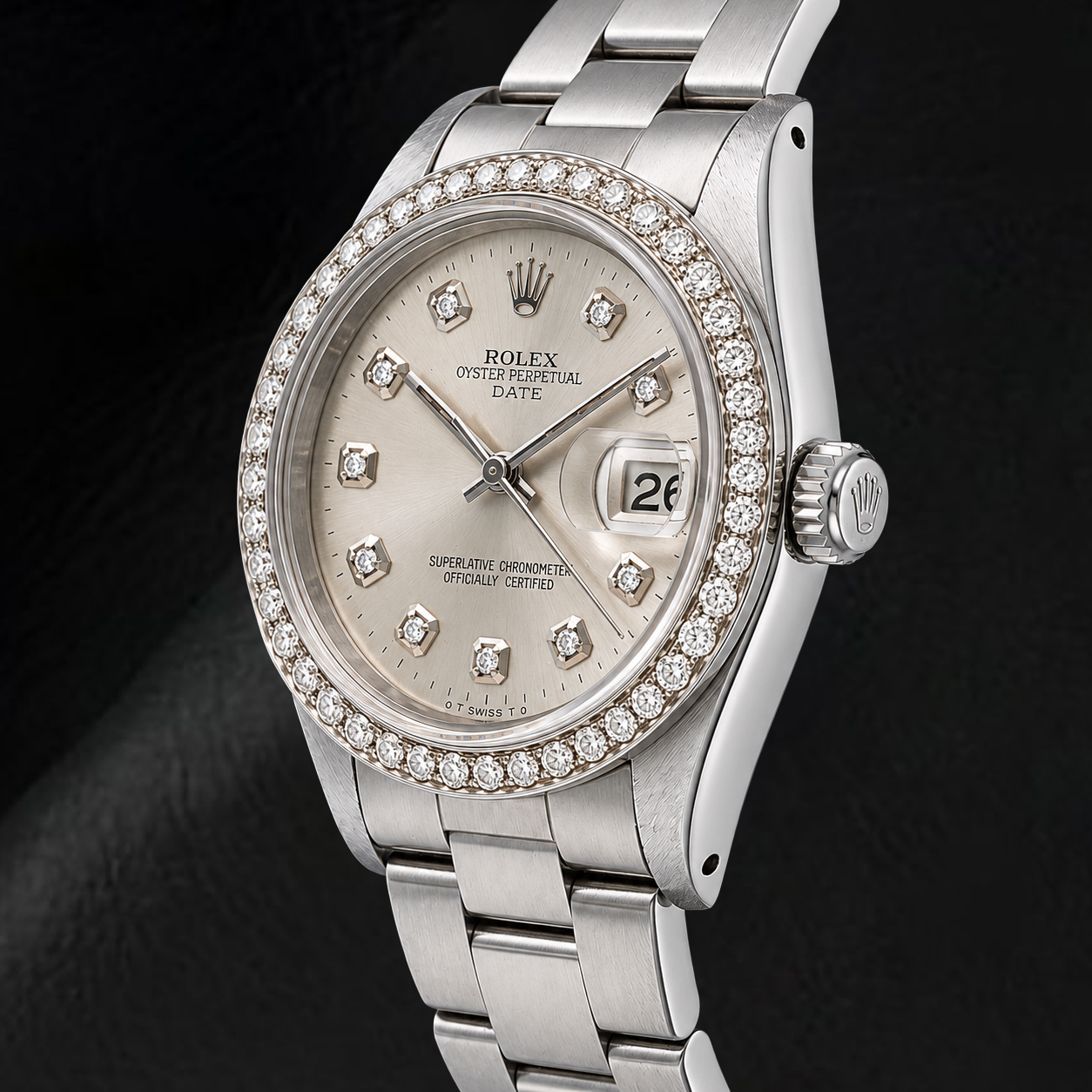 Rolex Date 15010 34 mm Armbanduhr aus Edelstahl mit silbernem Diamantzifferblatt