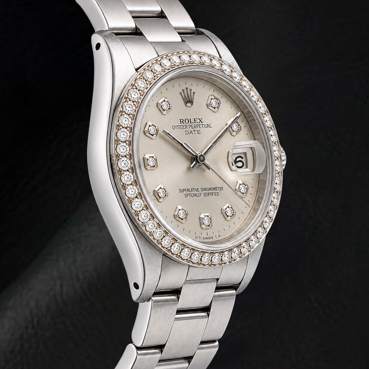 Rolex Date 15010 34 mm Armbanduhr aus Edelstahl mit silbernem Diamantzifferblatt