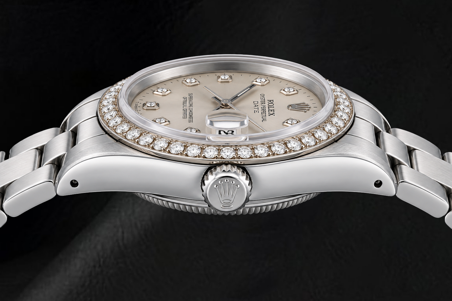 Rolex Date 15010 34 mm Armbanduhr aus Edelstahl mit silbernem Diamantzifferblatt