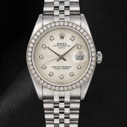 Rolex Date 1501 34 mm Uhr aus Edelstahl mit silbernem Diamantzifferblatt